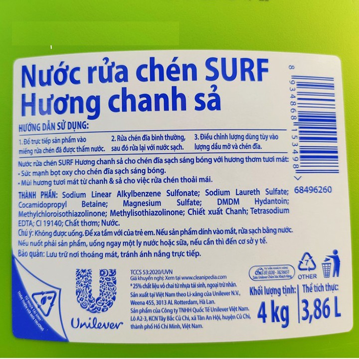 Nước Rửa Chén Surf Hương Chanh Sả Can 3,8kg