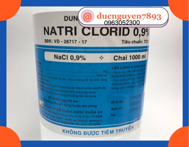 DUNG DỊCH NƯỚC MUỐI VÔ TRÙNG NATRI CLORID 0,9% 1lít 3/2