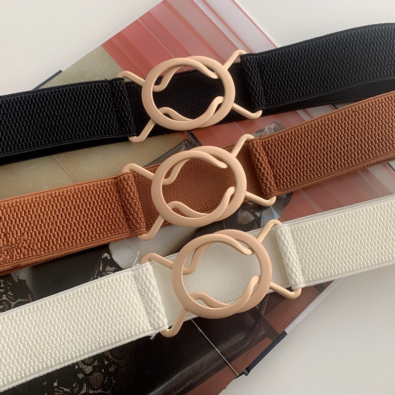 Thắt Lưng Nylon Co Giãn Bản Rộng Khóa Tròn Màu Vàng Thời Trang Cho Nữ