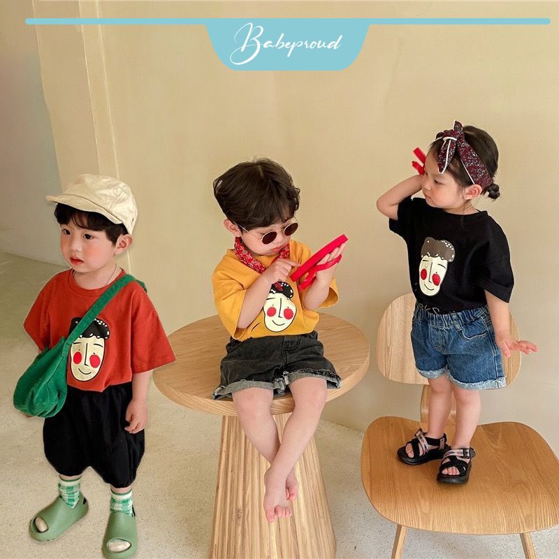 Áo thun BABEPROUD bằng cotton ngắn tay in hình mặt cười phong cách Hàn Quốc đáng yêu cho bé trai 0-6 tuổi