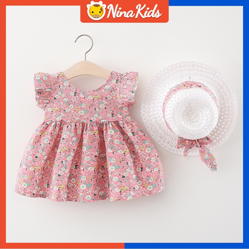 Đầm công chúa  không tay in hoa kèm mũ rơm dễ thương thời trang mùa hè cho bé gái 1-5 tuổi