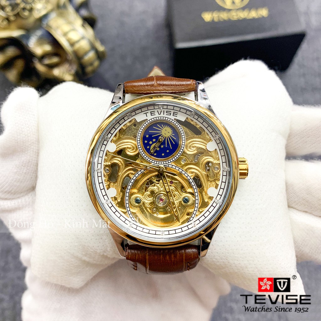 Đồng hồ cơ nam dây da cao cấp Tevise T820A-2 full box, mặt kính sapphire chống xước, chống nước, bảo hành 03 năm