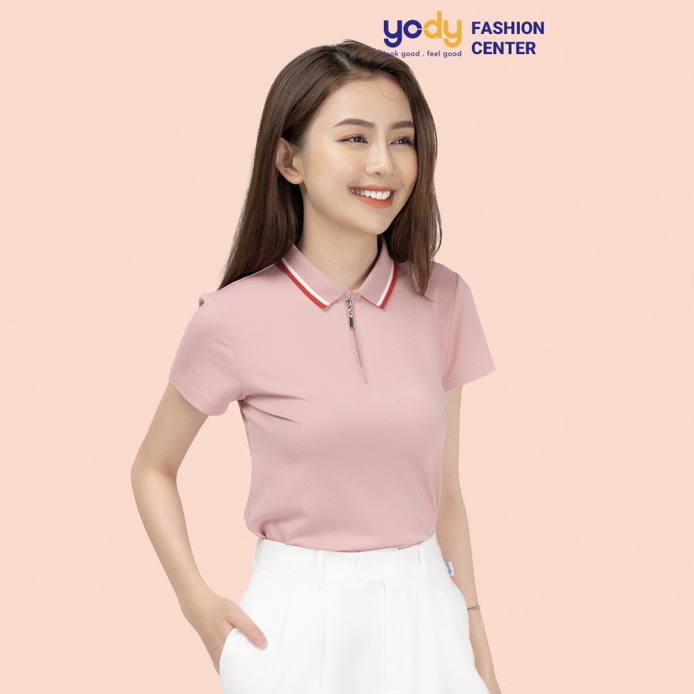 Áo thun polo nữ YODY cổ khóa trụ phối kẻ chất vải cotton cao cấp APN3876