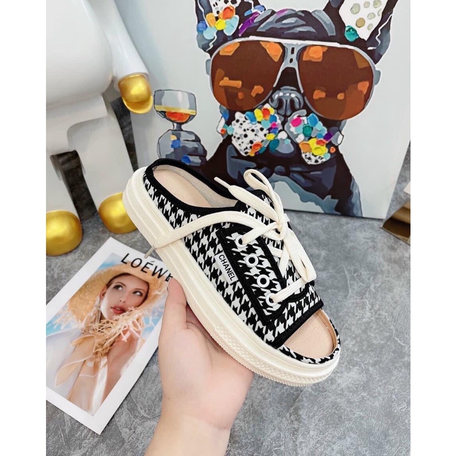 Giày thể thao nữ hở mũi chân vải Canvas đẹp, giày sục nữ cách điệu dáng thể thao đễ độn 3cm
