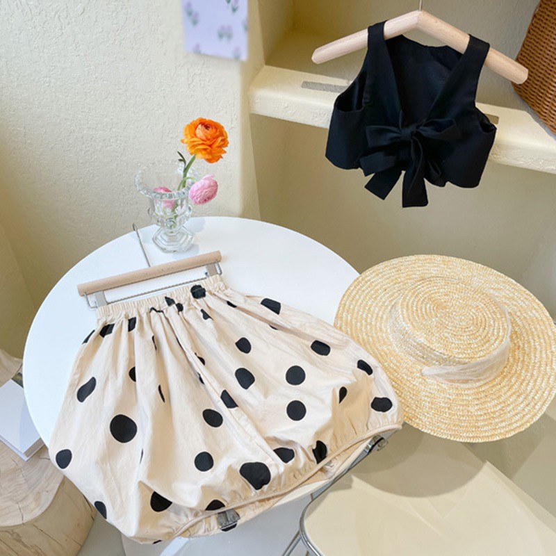 Set Áo Thắt Nơ Lưng + Chân Váy Chấm Bi Phong Cách Hàn Quốc Cho Bé Gái