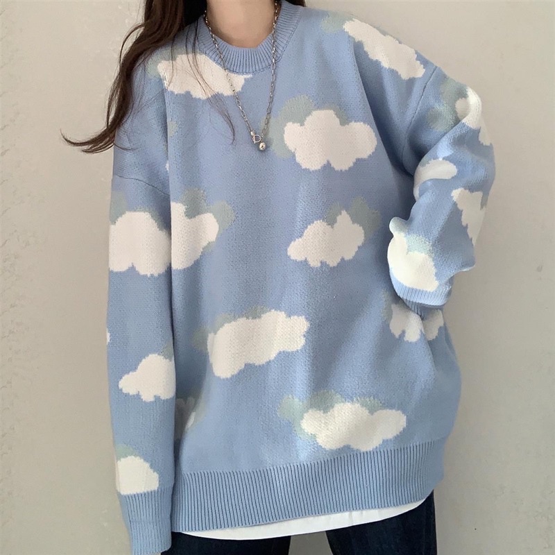 Áo len xanh white cloud dáng rộng năng động phong cách HQ