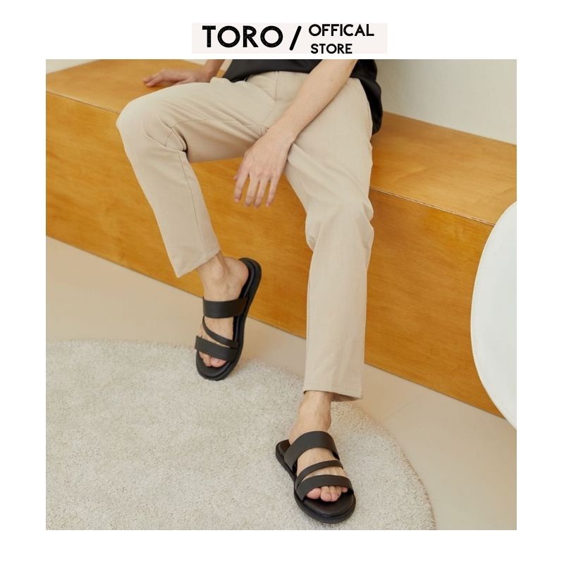 Dép nam , dép da nam 3 quai cao cấp Toro , màu đen đế cao su non A09