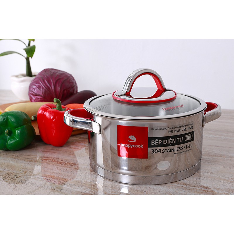 〖An toàn sử dụng 〗Nồi inox cao cấp 3 đáy Happy Cook Aries HC-20AR (20cm) - Hấp thụ nhiệt tốt,không bị oxy hóa - Nắp kính