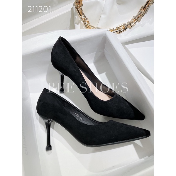BEESHOES - GIÀY CAO GÓT NỮ MŨI NHỌN - GIÀY CAO GÓT NỮ GÓT NHỌN CAO 8 PHÂN SẴN MÀU ĐEN DA LỘN 211201