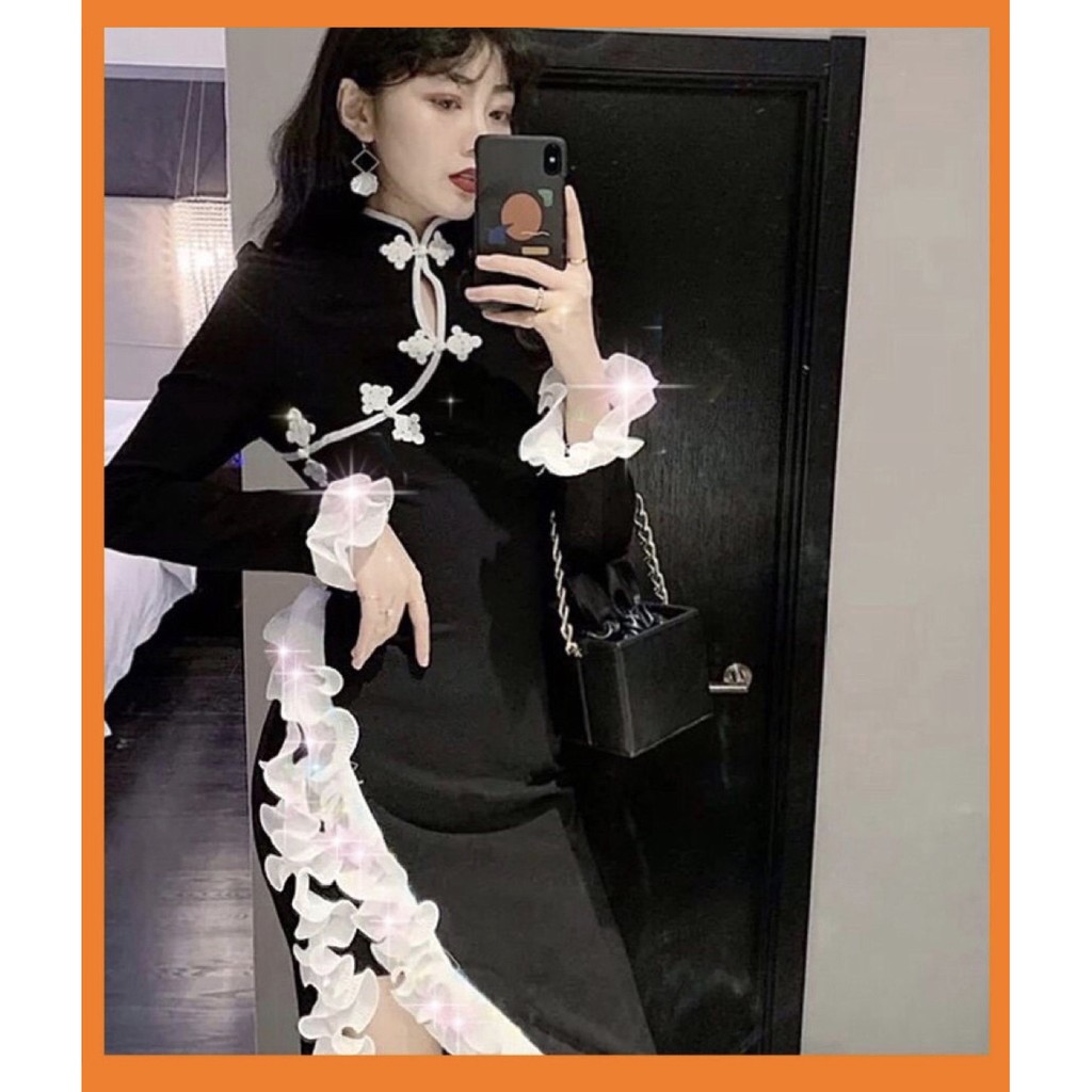 [Sẵn Hàng]♥️Đầm,Váy Sườn Xám Viền Bèo(ảnh thật)Size S,M,L