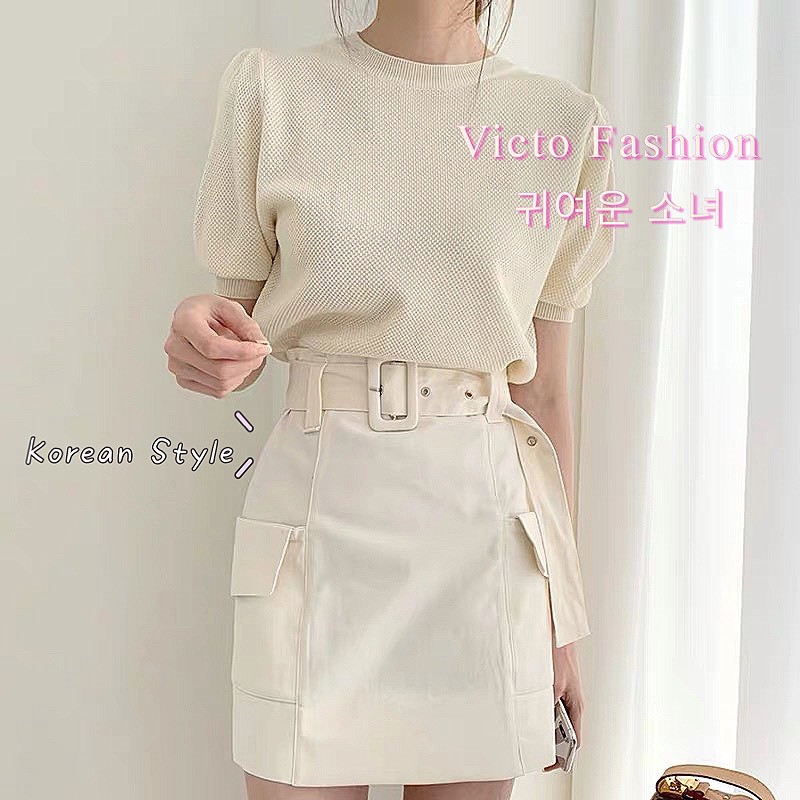 Set Đồ Nữ Korea Áo Len Tay Phồng Chân Váy Kaki Lưng Cao Kèm Thắt Lưng Áo Cổ Tròn Dệt Kim Váy Chữ A Ngắn Cạp Cao Công Sở