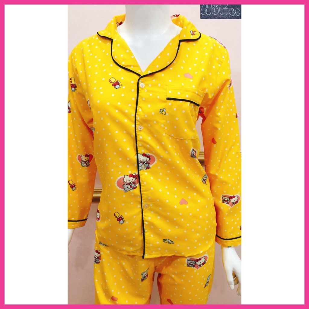 [FREESIZE] Đồ bộ mặc nhà Pijama HUGEE cao cấp vải Kate Thái loại 1 màu  vàng họa tiết Hello Kitty A002