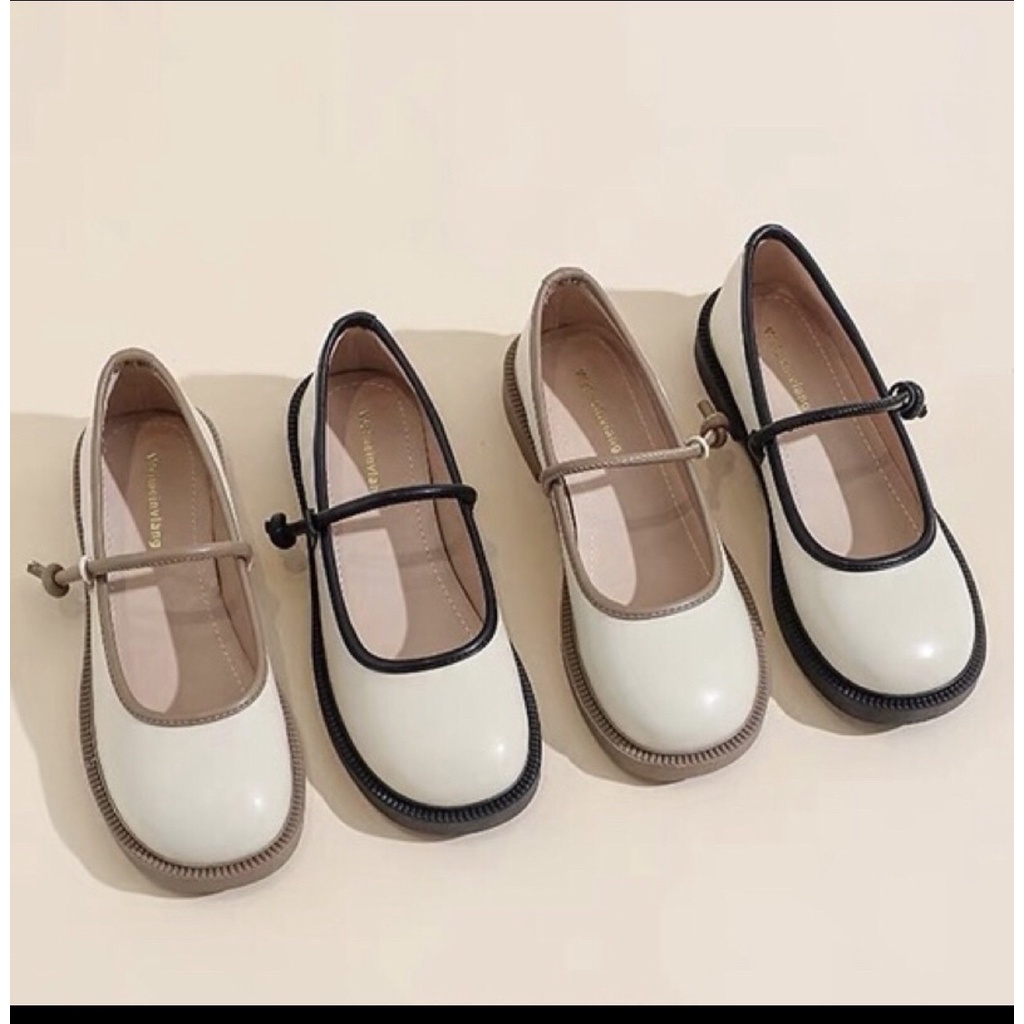 Giày lolita viền đen basic giày búp bê mũi tròn quai mảnh đế thấp 2.5cm phong cách vintage