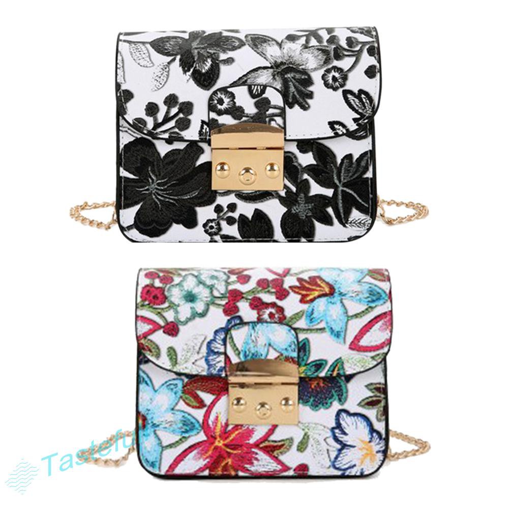 TT Women PU Leather Flower Printed Mini Chain Bag Shoulder Crossbody Bag