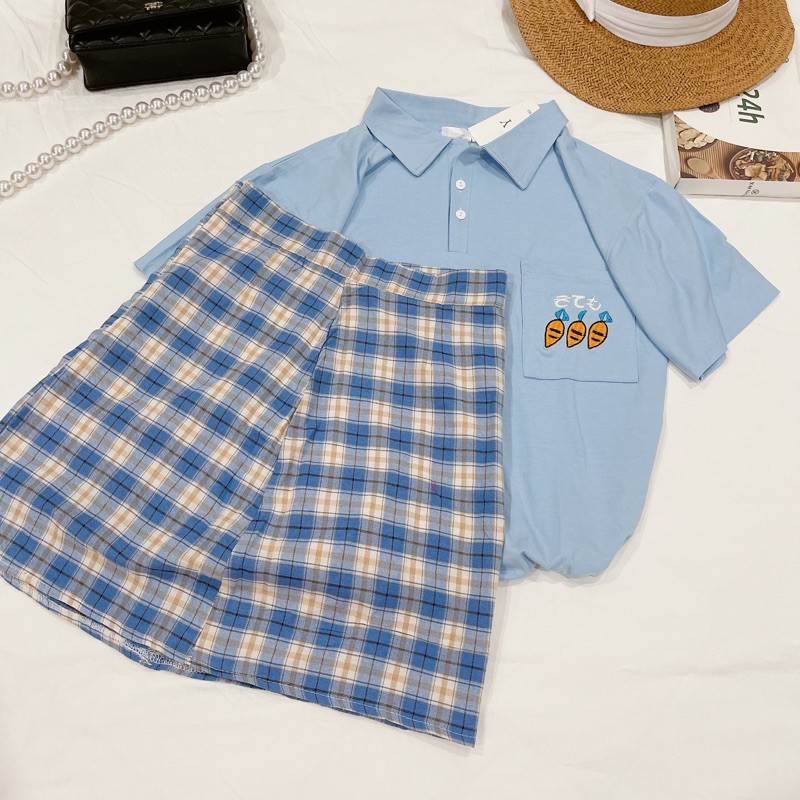 Set Đồ Nữ Ulzzang Áo Phông Tay Lỡ Có cổ + Chân Váy Kẻ Sọc Dáng Chữ A (Có ảnh + video thật)