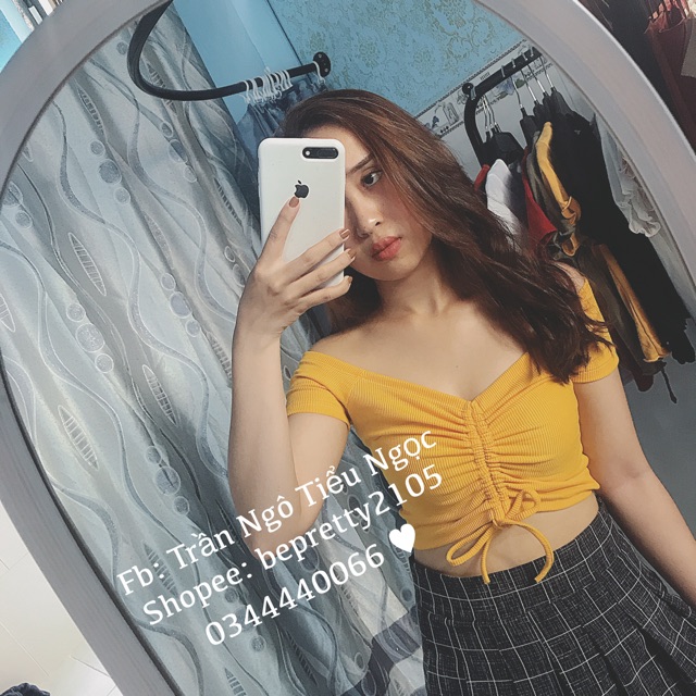Áo croptop bẹt vai dây rút tay ngắn | BigBuy360 - bigbuy360.vn