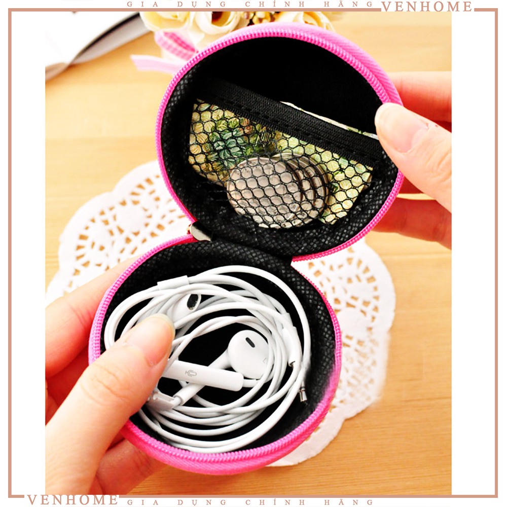 Hộp đựng tai nghe, củ sạc, dây sạc, có túi lưới bên trong siêu tiện lợi