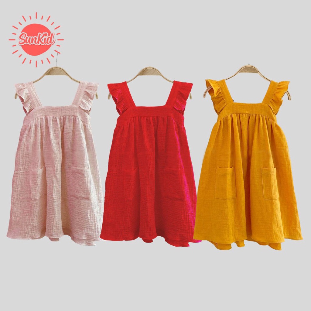 Váy đầm hai dây bé gái chất đũi dễ thương Sunkid màu đỏ, vàng, hồng HD2