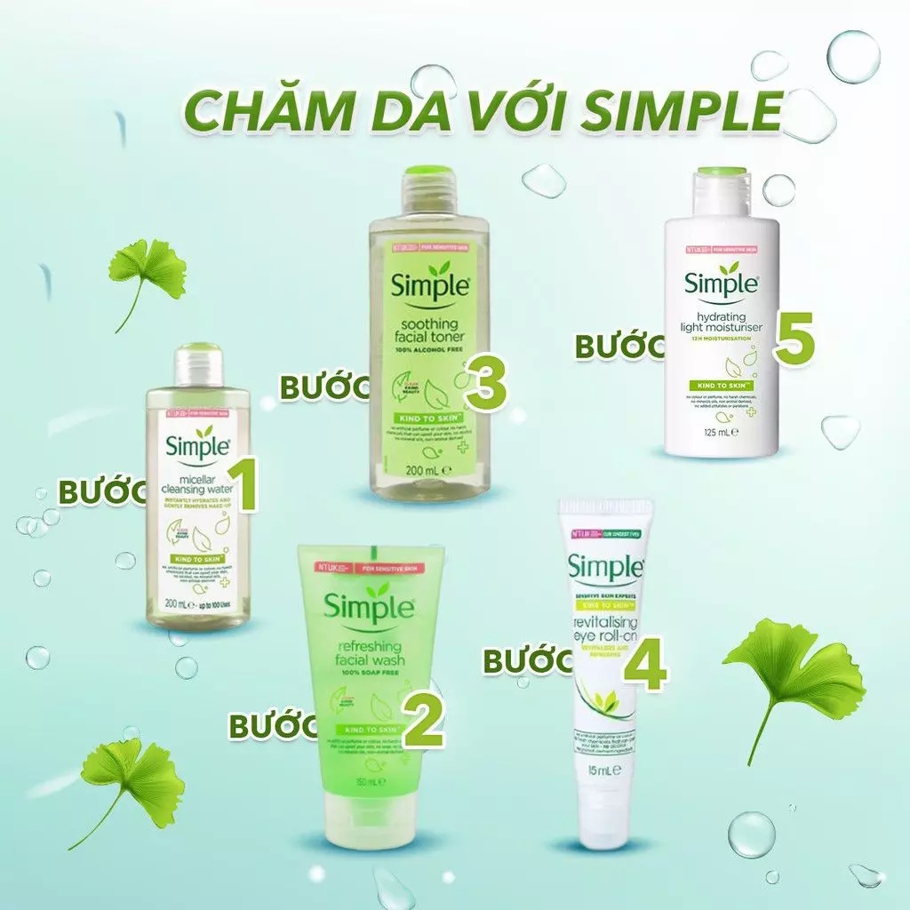 Combo Dưỡng Ẩm Dịu Nhẹ Simple ( Tẩy trang 200ml + Sữa rửa mặt 150ml + Toner 200ml + Sữa dưỡng 125ml )