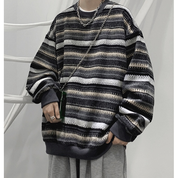 Plus Áo Sweater Dài Tay Dáng Rộng Phối Nhung Kẻ Sọc Kiểu Vintage Nhật Hàn Hợp Mùa Thu Đông Cỡ M-3XL