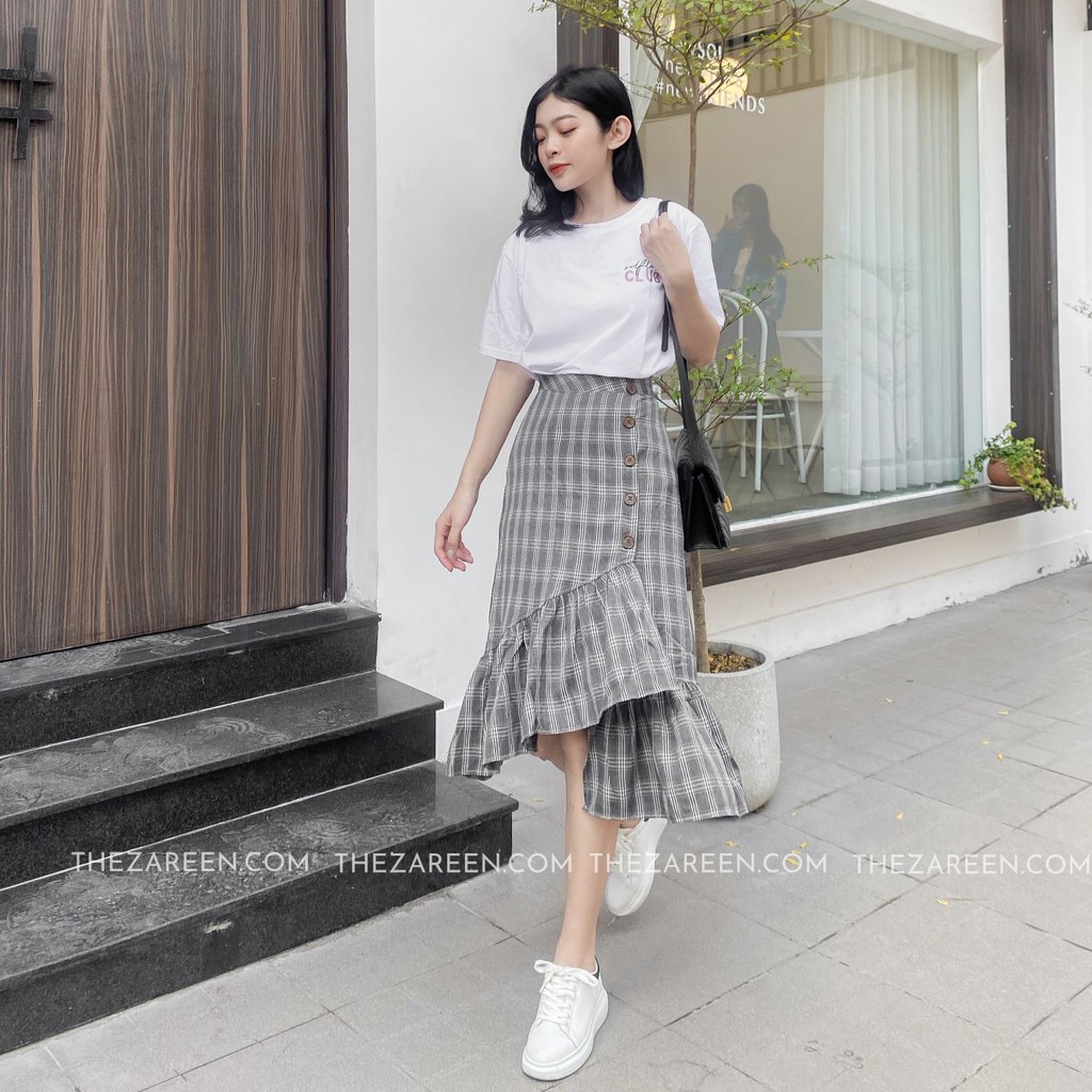[Mã SKAMCLU7 giảm 10% tối đa 50K đơn 0Đ] CHÂN VÁY DÀI CARO XẾP LY ZAREEN VAD05 CARO XÁM