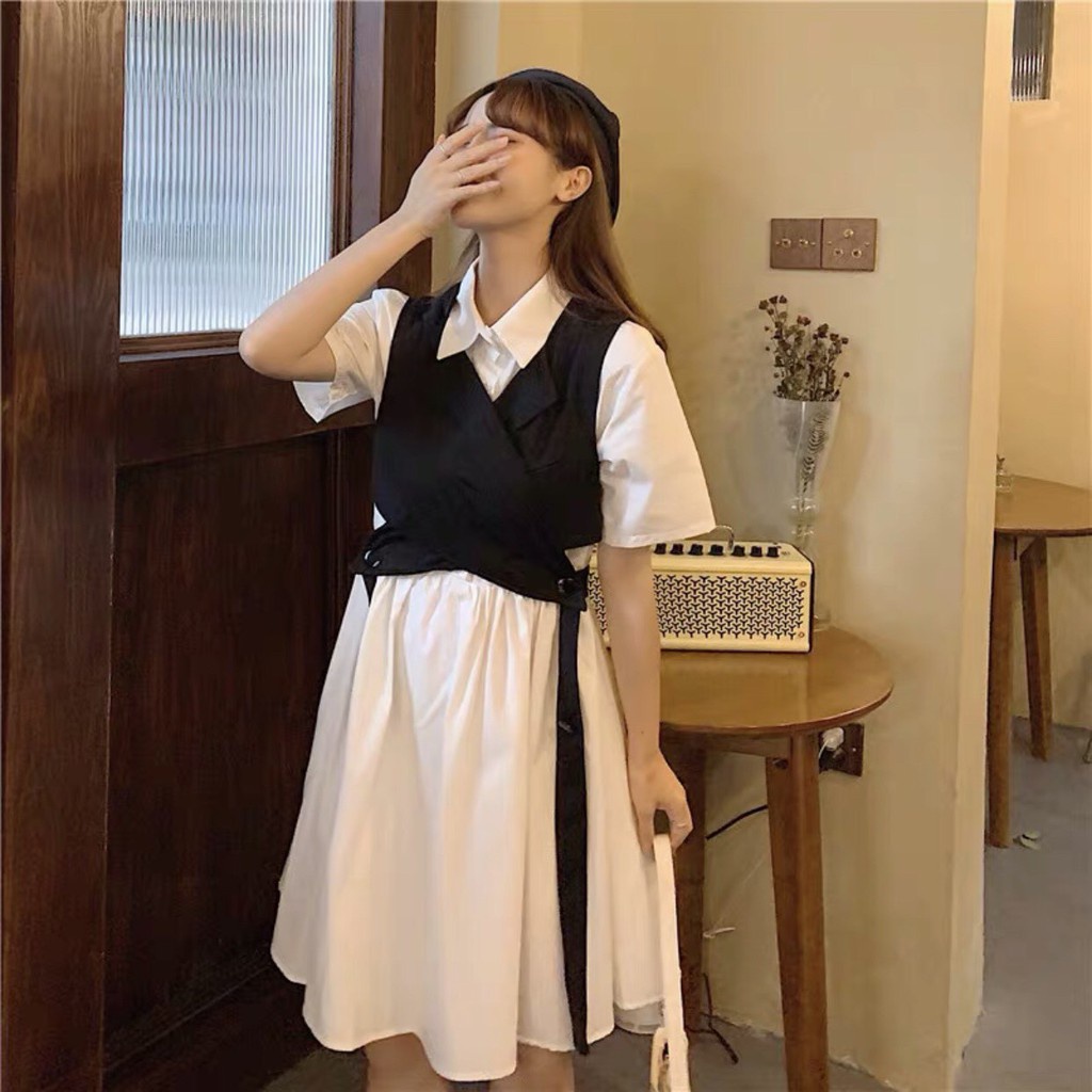 Set Váy Sơ Mi Nữ Sinh Kèm Gile Đen Đai Tách Buộc Dây Unisex - Váy trắng vest đen đan dây chéo Harajuku