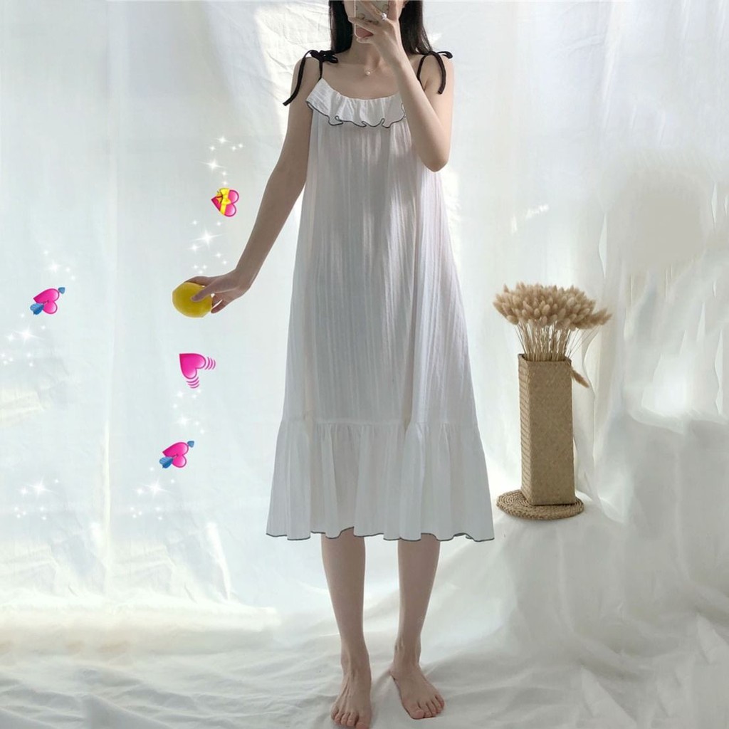 Đầm Ngủ Hai Dây Dài Qua Gối Phong Cách Hàn Quốc Cho Nữ Sinh