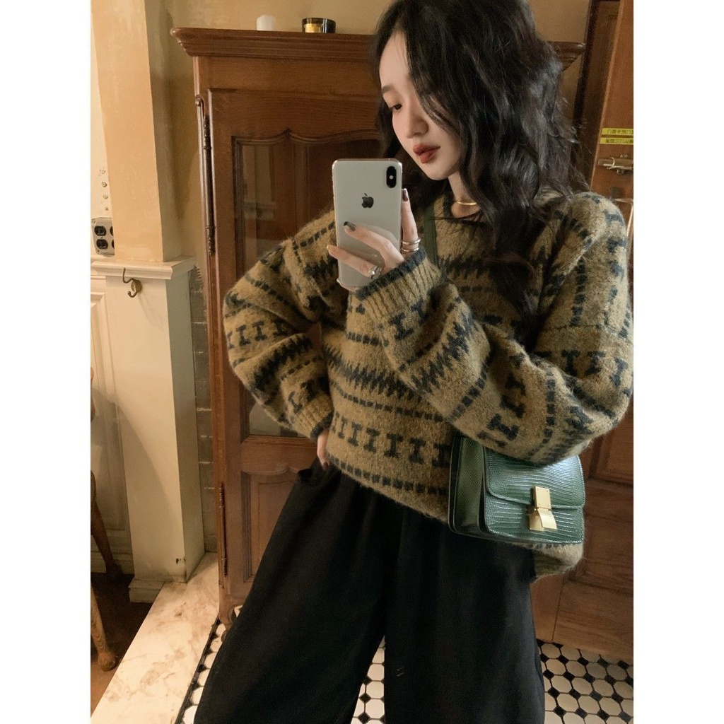 Korean Retro Knitted Sweater Women 2021 Spring And Autumn New Round Neck Long-Sleeved Shirt College Style | BigBuy360 - bigbuy360.vn