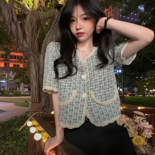 Áo tay ngắn cổ chữ V phối ren kiểu dáng thời trang cho nữ 2021