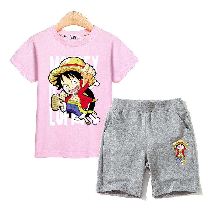 Bộ Trang Phục 2 Mảnh Gồm Áo Thun Cotton Và Quần Short In Hình Anime One Piece Thời Trang Dành Cho Bé Trai Gái
