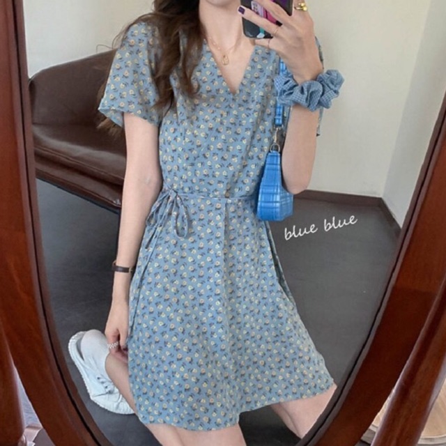 Đầm hoa nhí cổ v dây nơ eo ulzzang hàn quốc siêu xinh