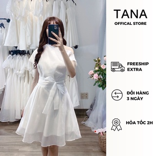 Đầm dự tiệc TANA D0148 đầm lệch vai cột nơ eo 3 màu Trắng, Đen, Nude mặc đi tiệc, đi chơi, chụp kỉ yếu