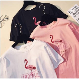 Áo thun nữ freesize tay lỡ logo hồng hạc