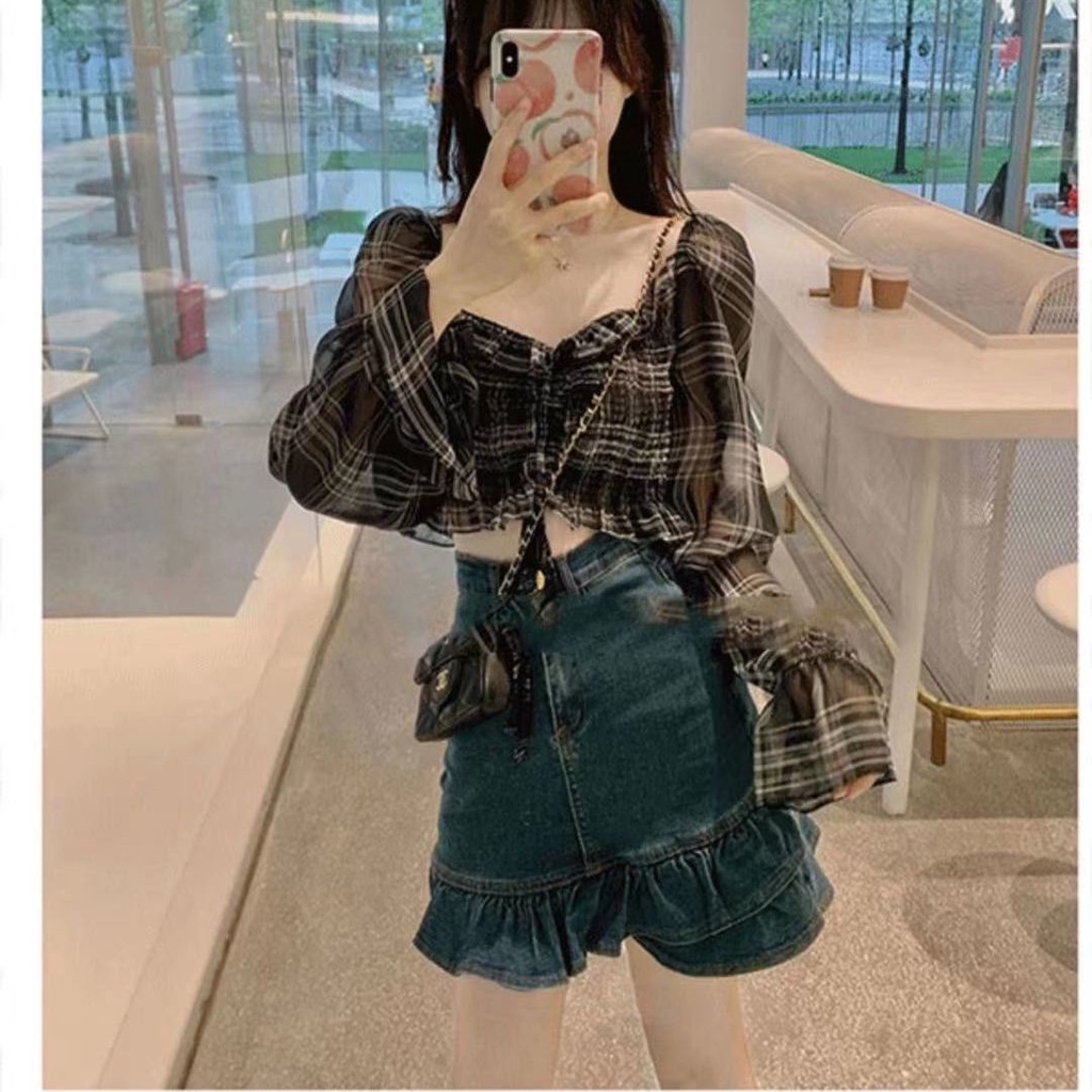 Áo Croptop Vải Voan Phối Dây Rút Kẻ Sọc Kiểu Retro Cho Nữ