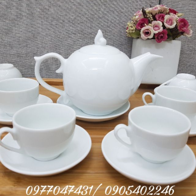 Ấm chén Bát Tràng cao cấp dáng Bưởi chóp lửa men trắng