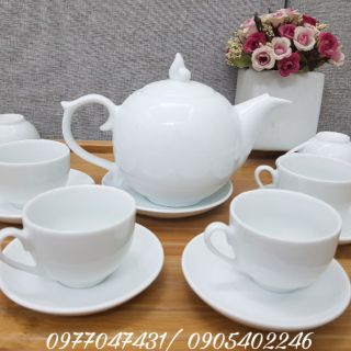Ấm chén Bát Tràng cao cấp dáng Bưởi chóp lửa men trắng