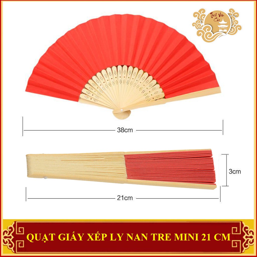 Quạt giấy xếp ly nan tre mini Tĩnh Vân Các màu đỏ