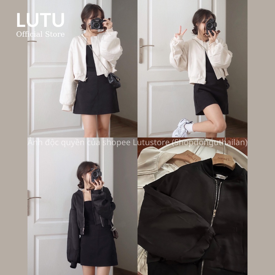 Áo bomber kaki dáng ngắn tay dài áo khoác croptop phong cách thể thao Lutu Store