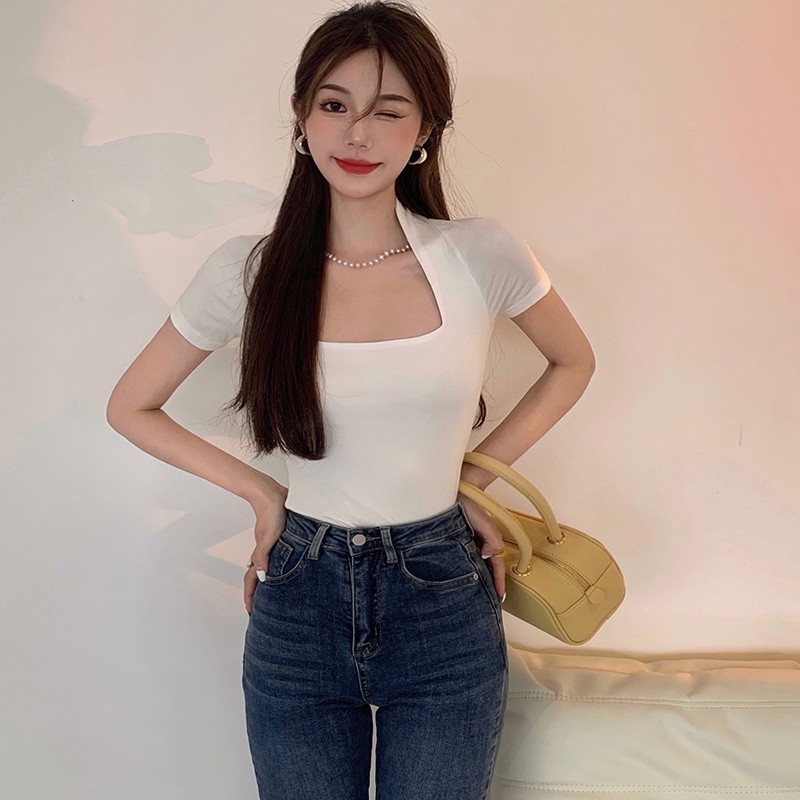 IELGY Áo Thun Ngắn Tay Ôm Dáng + Áo Ngắn Tay Phong Cách Retro Thời Trang Mùa Hè Cho Nữ