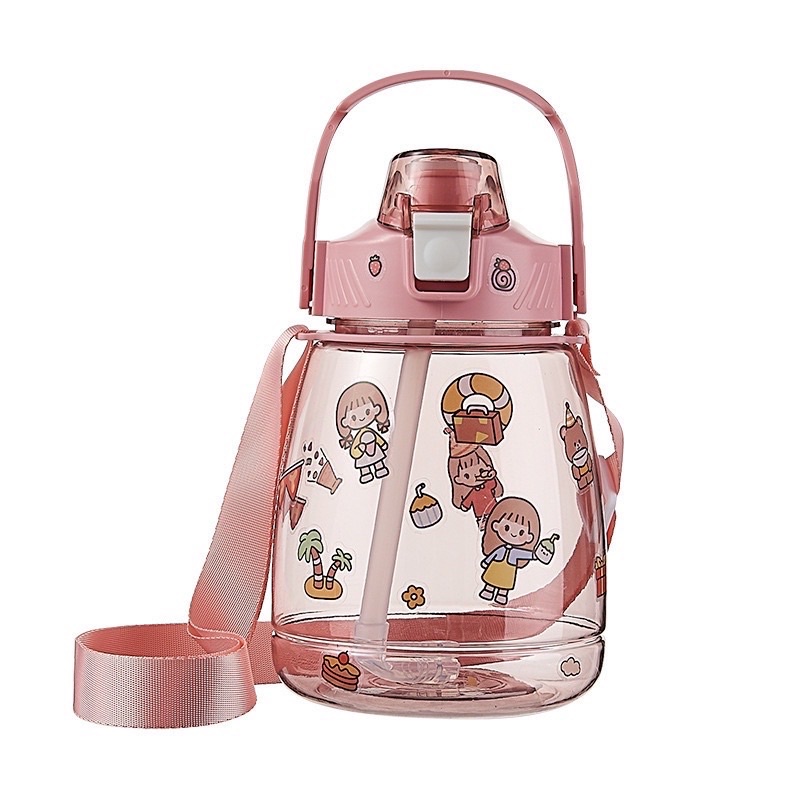 Bình Nước Cute Cho Bé 1,2 Lít, Có Ống Hút Chống Sặc, Dây Đeo Tiện Mang Đi Học, Đi Dã Ngoại