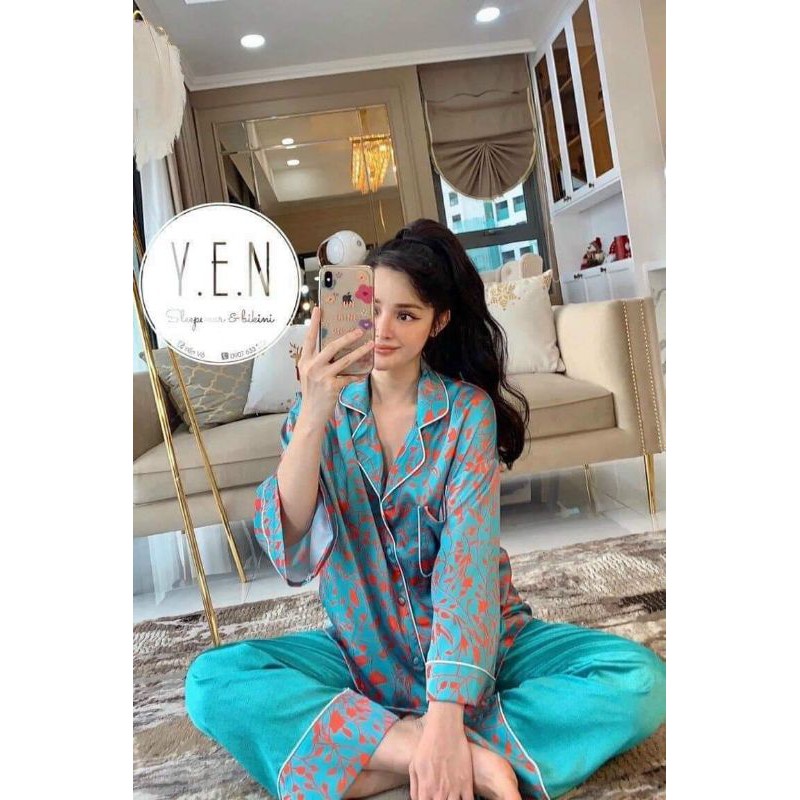 Bộ đồ ngủ mặc nhà LyLy dài tay lụa satin kiểu pijama hoạt tiết sang trọng L235 | BigBuy360 - bigbuy360.vn