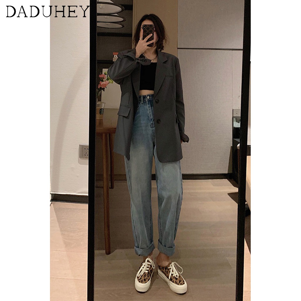 Daduhey Quần jean nữ ống rộng cạp cao cá tính thời trang mùa thu