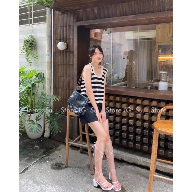 Áo len ba lỗ nữ kẻ ngang form rộng phong cách Hàn Quốc, Áo 3 lỗ nữ chất len lỗ thông hơi siêu hot (TTA133)