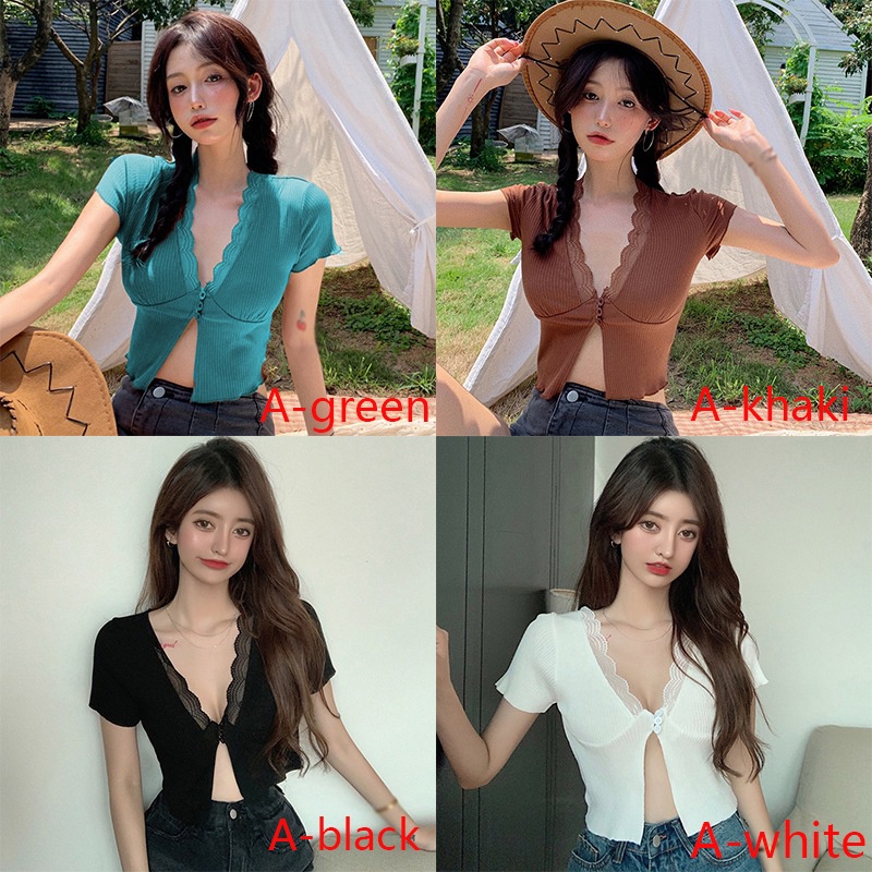 Áo Croptop Dệt Kim Dáng Ôm Cổ Chữ V Xẻ Tà Quyến Rũ Cho Nữ