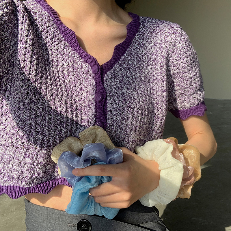 Áo Thun Dệt Kim Mỏng Dáng Ngắn Phối Bèo Xinh Xắn Cho Nữ