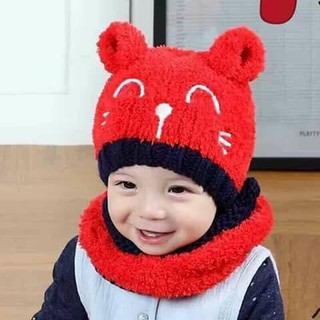 Set mũ len gấu xù cho bé bên trong lót lông + khăn cho bé