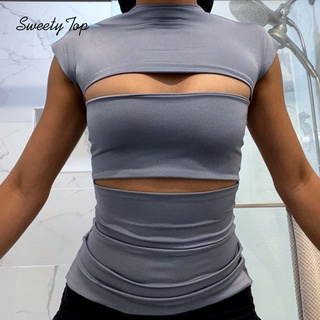LanLanLo NữNew Thời Trang Cổ Tròn Gợi Cảm Slim Fit Rỗng Áo Thun Tay Ngắn