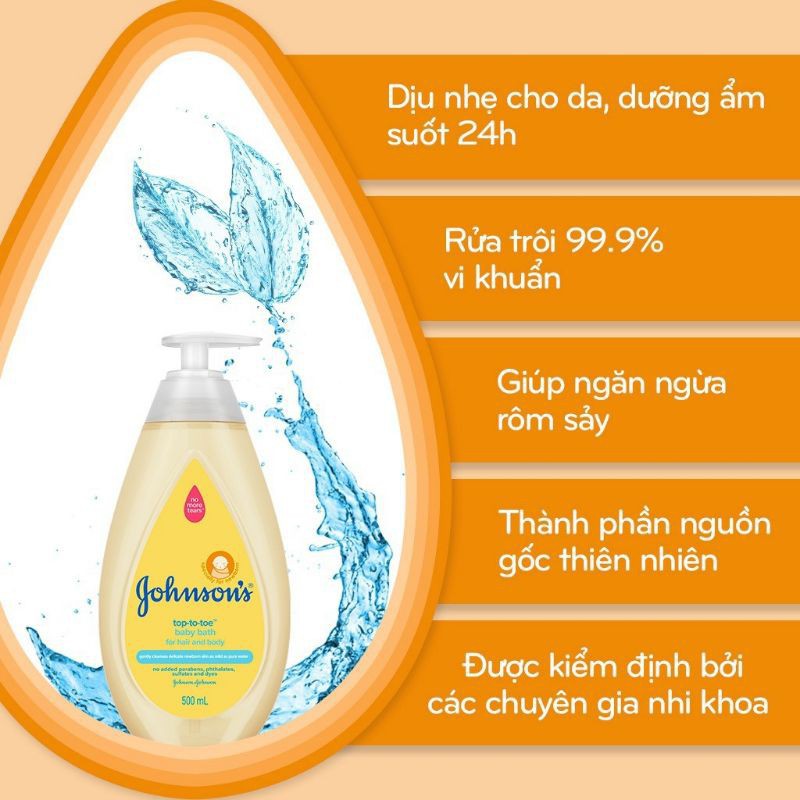 [Thái] Sữa tắm gội cho bé Johnson’s Baby top-to-toe 500ml (màu vàng) - Ngừa rôm sảy