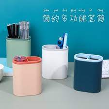 Hộp đựng bút 2 ngăn nhựa để bàn làm việc văn phòng kiểu dáng Hàn Quốc cute, ống đựng bút  gắn sticker xinh xắn - HOKAMI