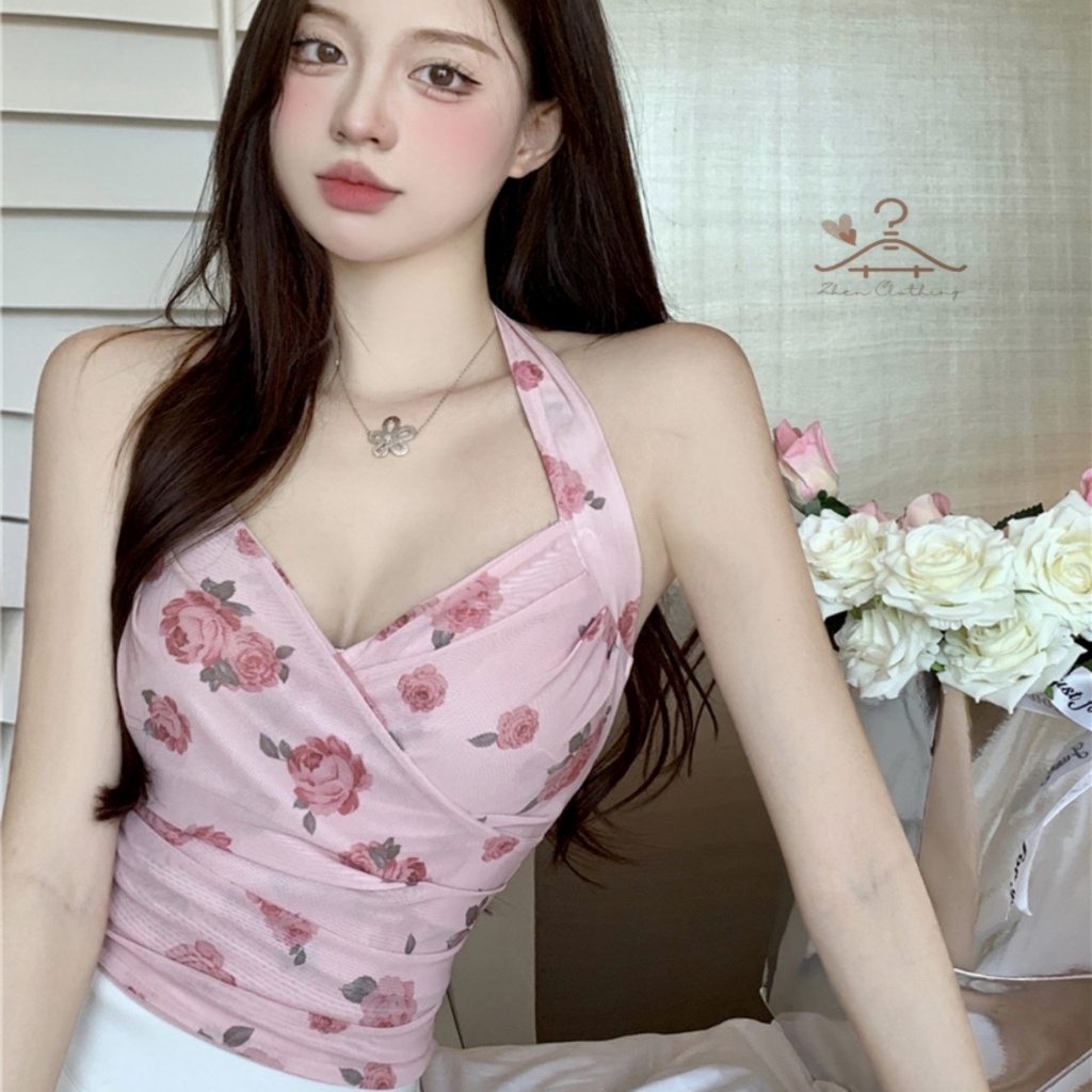 Áo croptop cổ yếm hoạ tiết hoa hồng sexy , hot trend phong cách Hàn Quốc